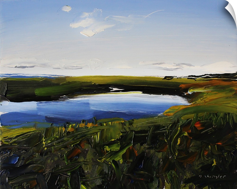 A contemporary painting of a body of water surrounded by a green field.