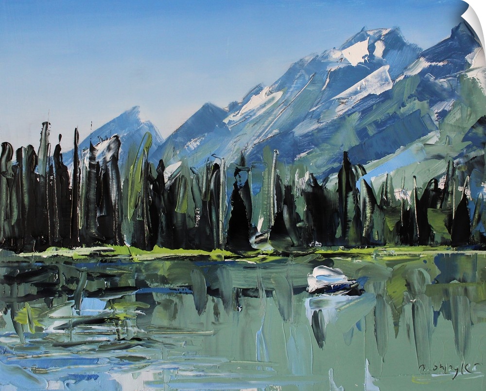 Contemporary palette knife painting of green trees lining a body of water with mountains in the background.