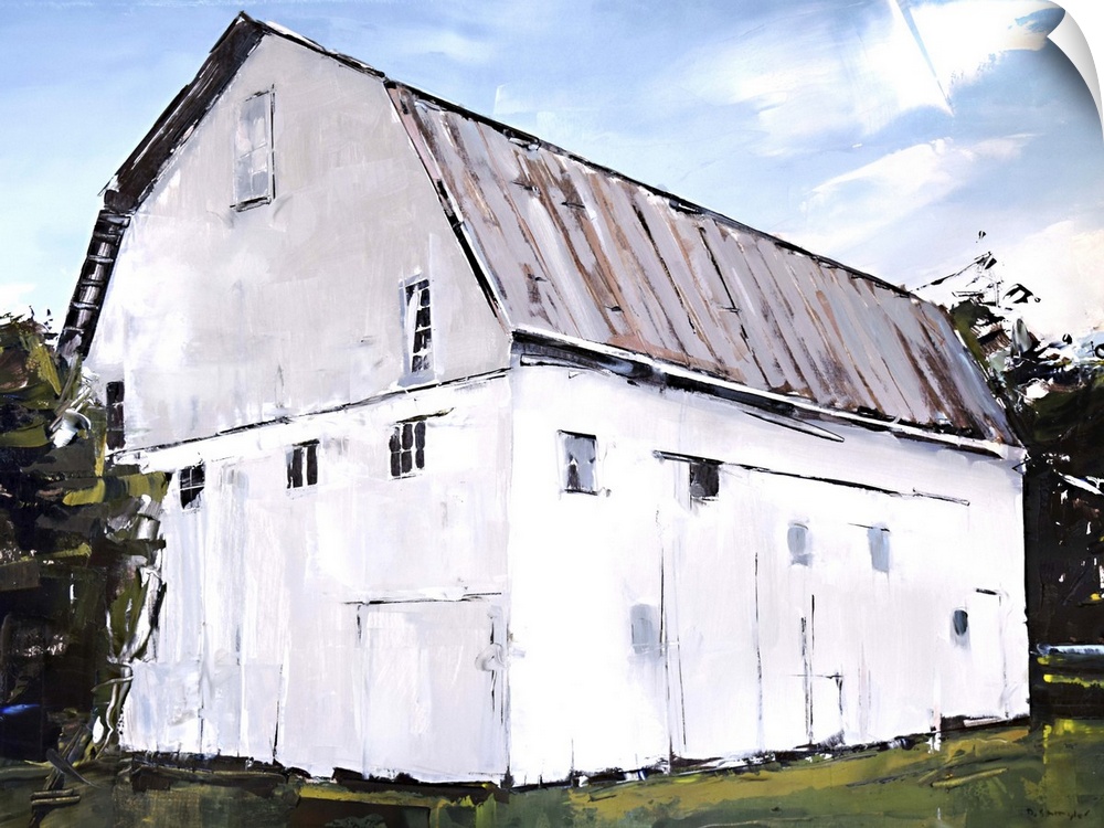Contemporary painting of a large white barn surrounded by dark trees, under a blue sky.