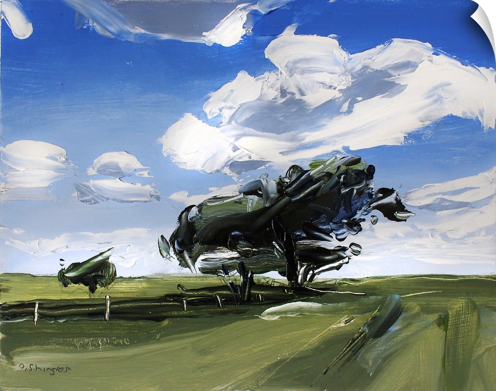 A contemporary painting of a green field with trees under a sky filled with gray clouds.