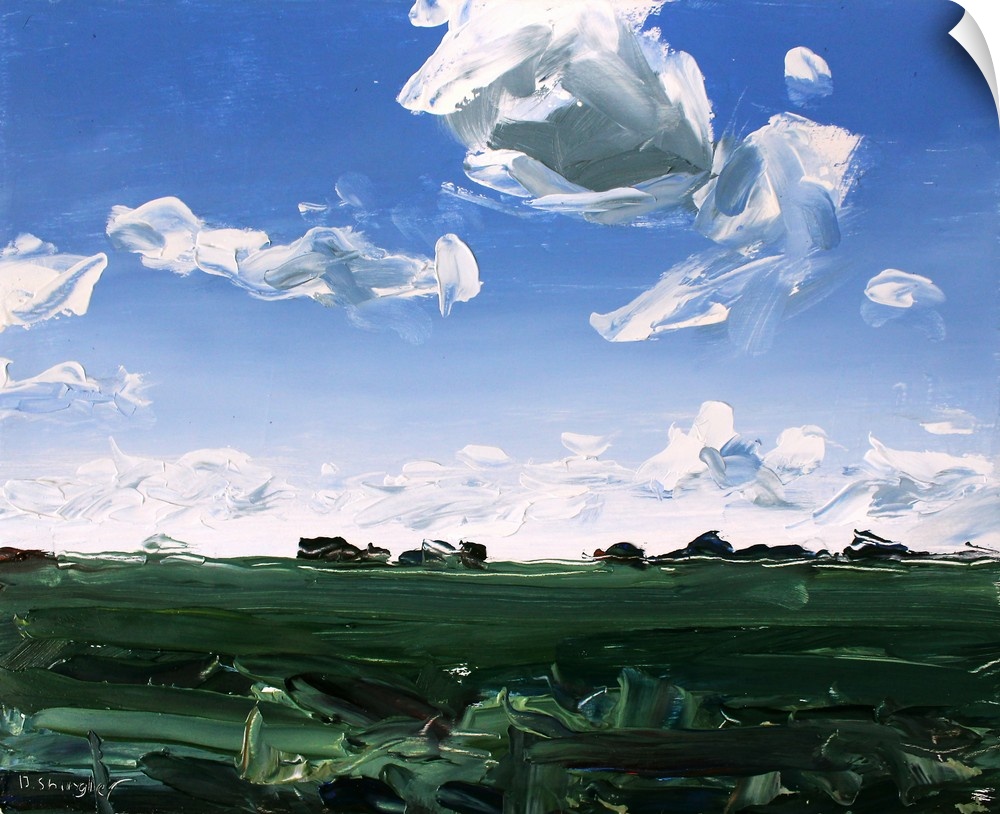 A contemporary painting of a green field under a sky filled with gray clouds.