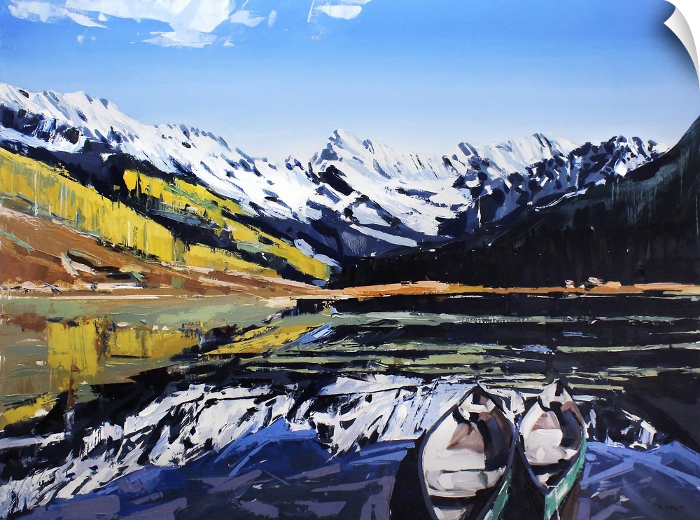 Contemporary palette knife painting of a lake with a canoe, with snow covered mountains reflecting in the water.