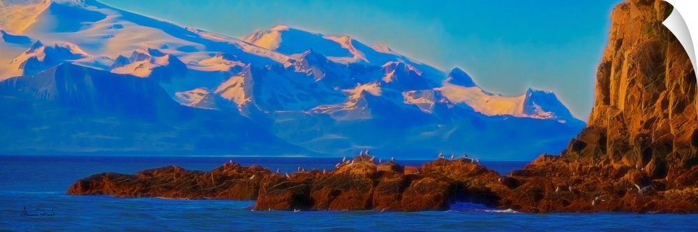 Digital photo art of sunset over the mountains in Katmai National Park, Alaska.