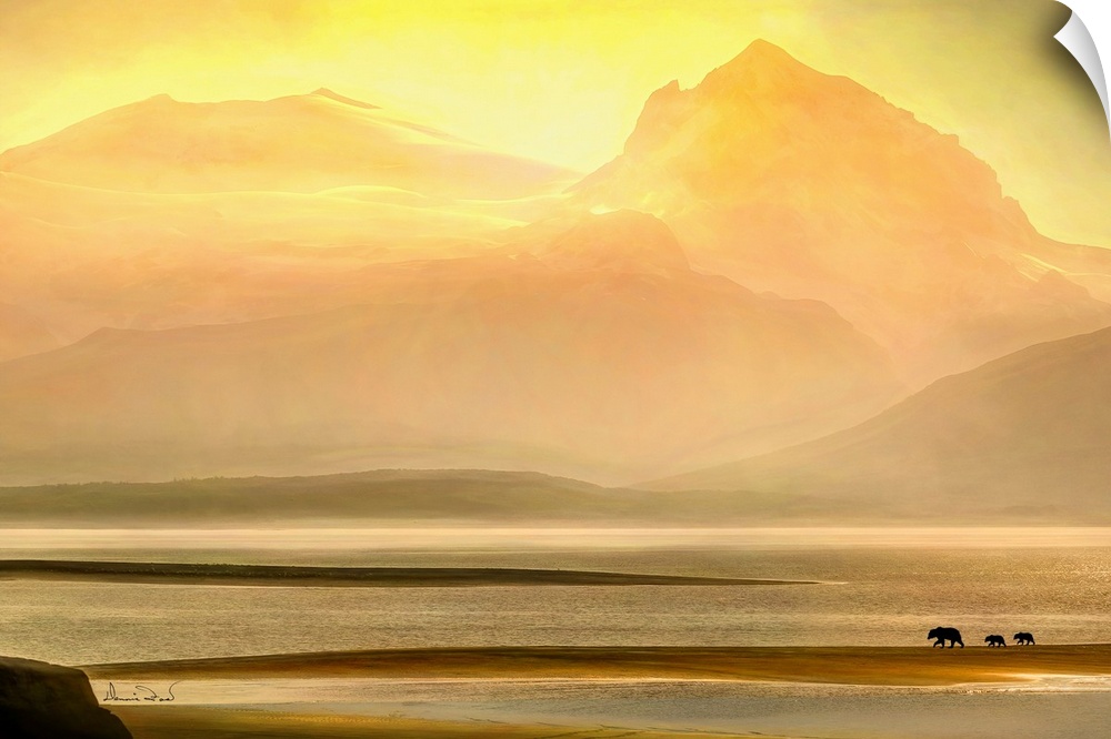 Composite of glowing mountain sunset in Katmai National Park, Alaska, with a family of brown bears set in for a sense of s...