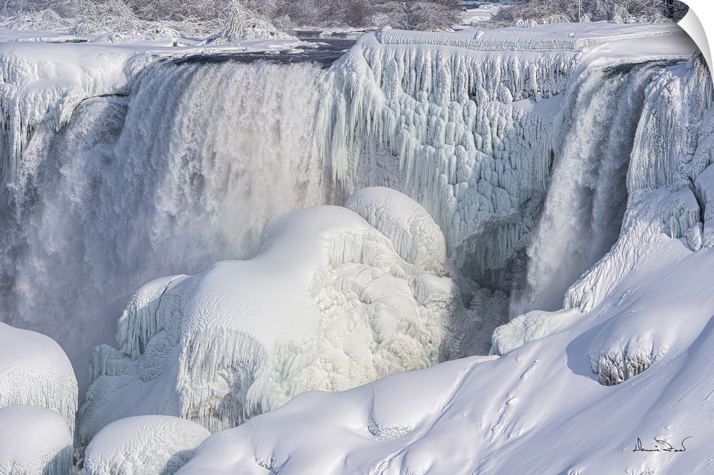 Niagara fall freezing over in a cold winter.
