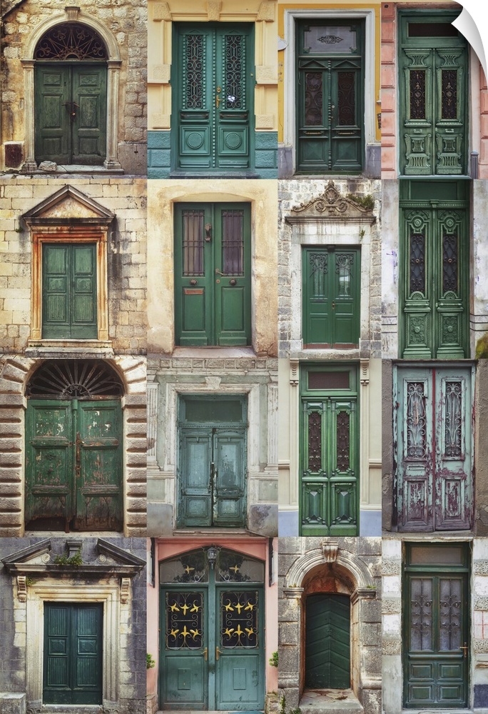 A photo collage of 16 colorful front doors to houses and homes.
