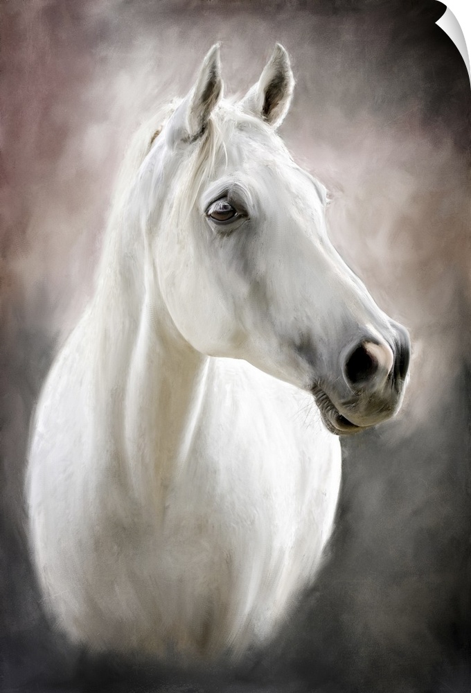 A photograph stylized as a painted portrait of a white horse.