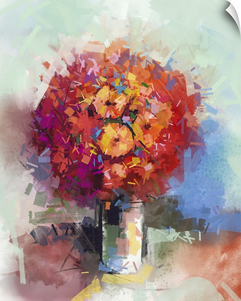 Abstract still life a bouquet of flowers. Originally an oil painting red gerbera flowers in vase. Originally hand painted ...