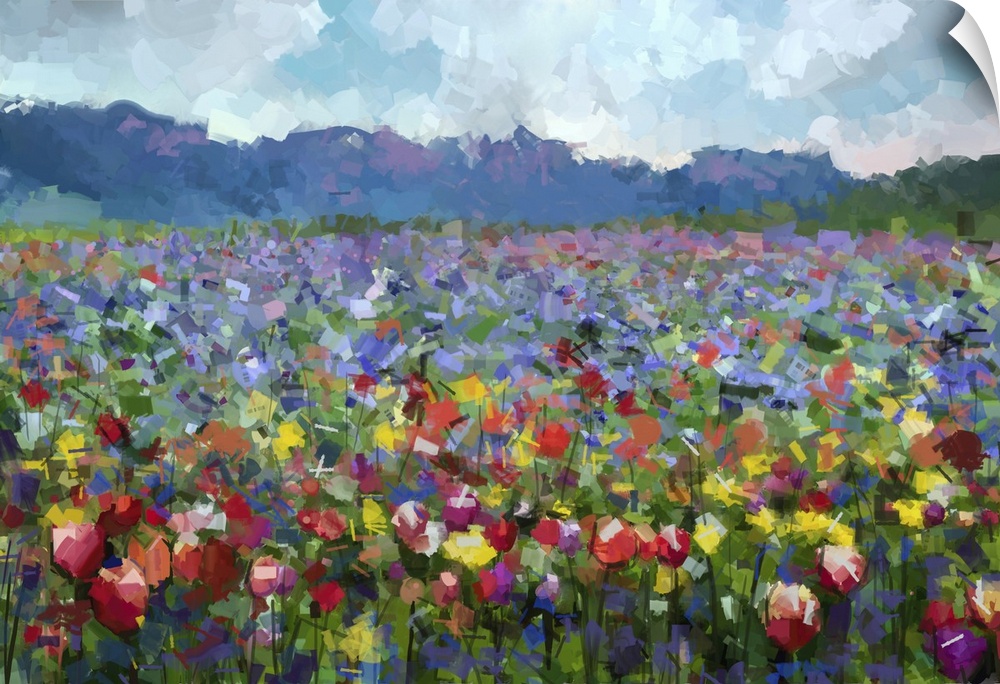 Originally an oil painting of a colorful spring summer rural landscape. Abstract tulips flowers blossom in the meadow with...