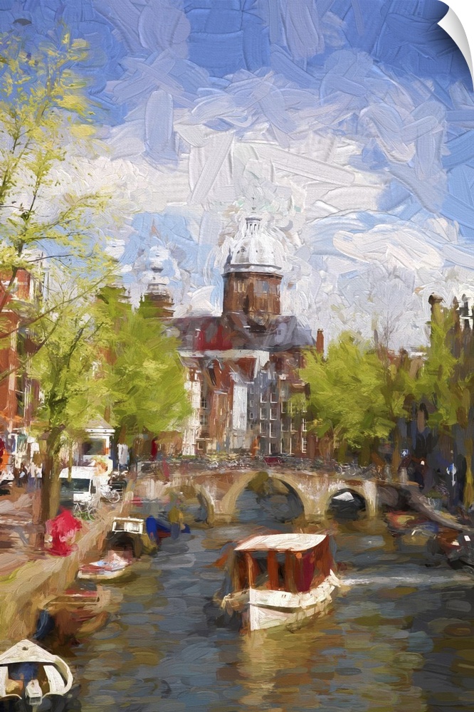 Famous Amsterdam city in Holland, artwork in a painting style.
