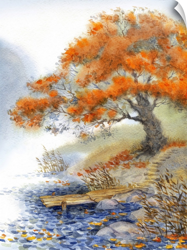 Originally a watercolor landscape. The path to a quiet lake in the mist by the old tree.