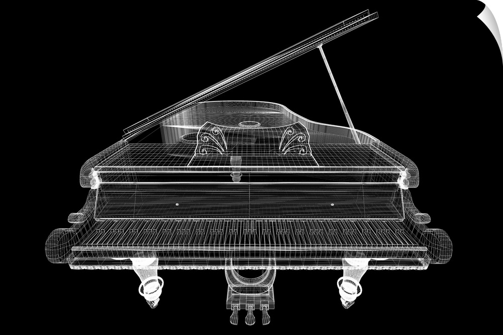 Antique grand piano with path, 3D model body structure, wire model.