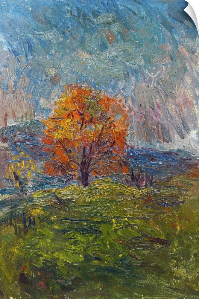 Originally an oil painting of autumn landscape. Orange tree on a cloudy morning on the background of the mountains around ...