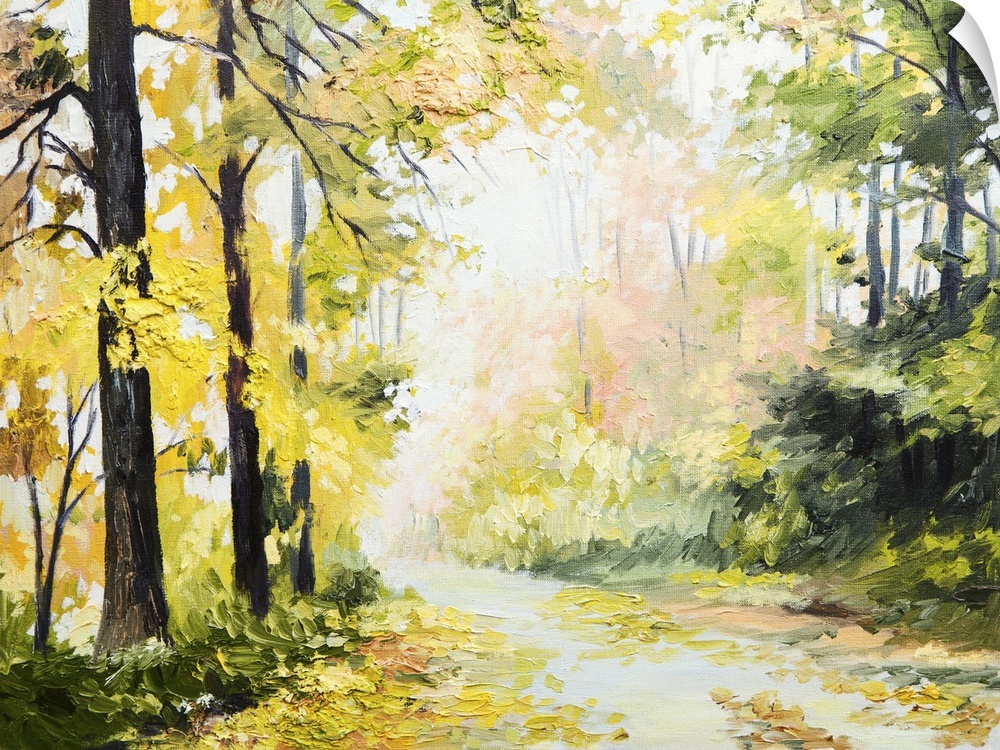 Originally an oil painting of an autumn landscape, road in a colorful forest.