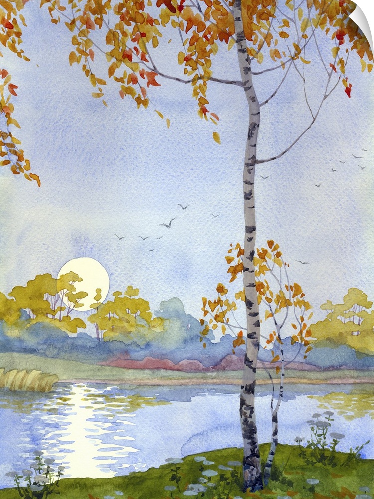 Watercolor landscape of an Autumn birch meeting the rising moon over the lake.