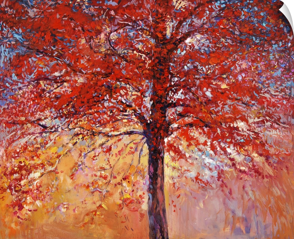 Originally am oil painting showing beautiful autumn tree on canvas. Modern impressionism.
