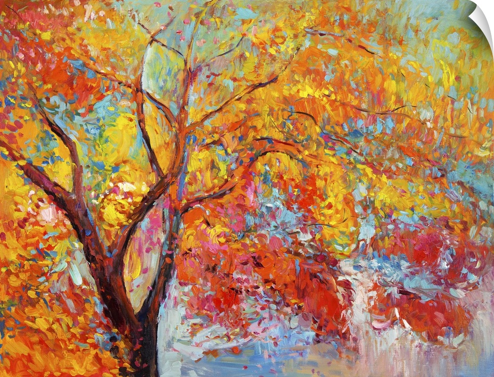 Originally an oil painting showing beautiful autumn tree on canvas. Modern impressionism.