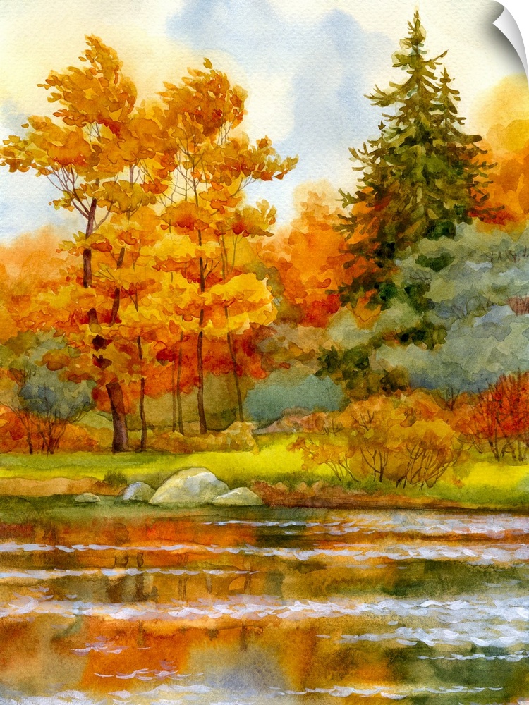 Watercolor landscape of an autumnal forest on the lake.
