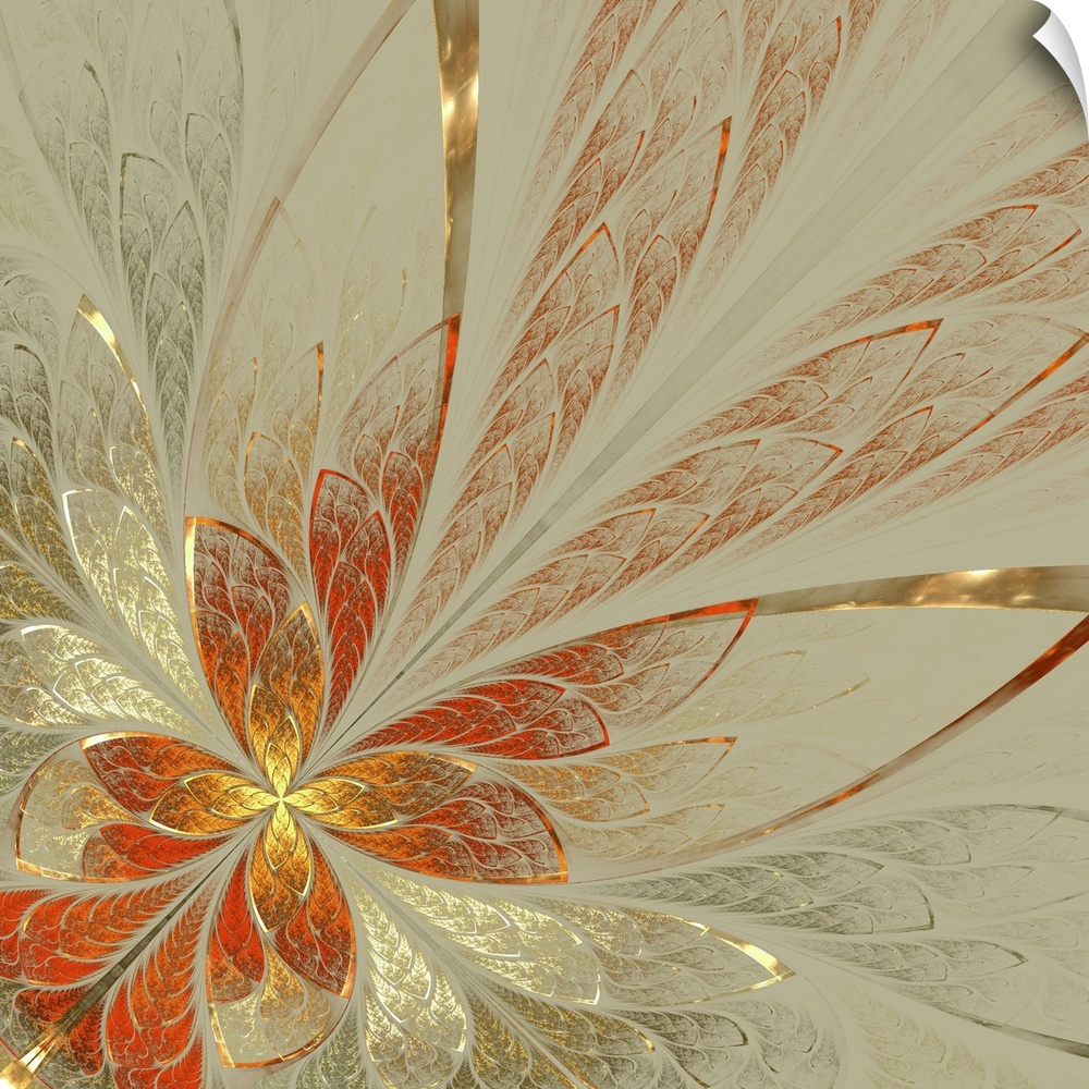 Beautiful fractal flower in yellow, gray and red. Computer generated graphics.