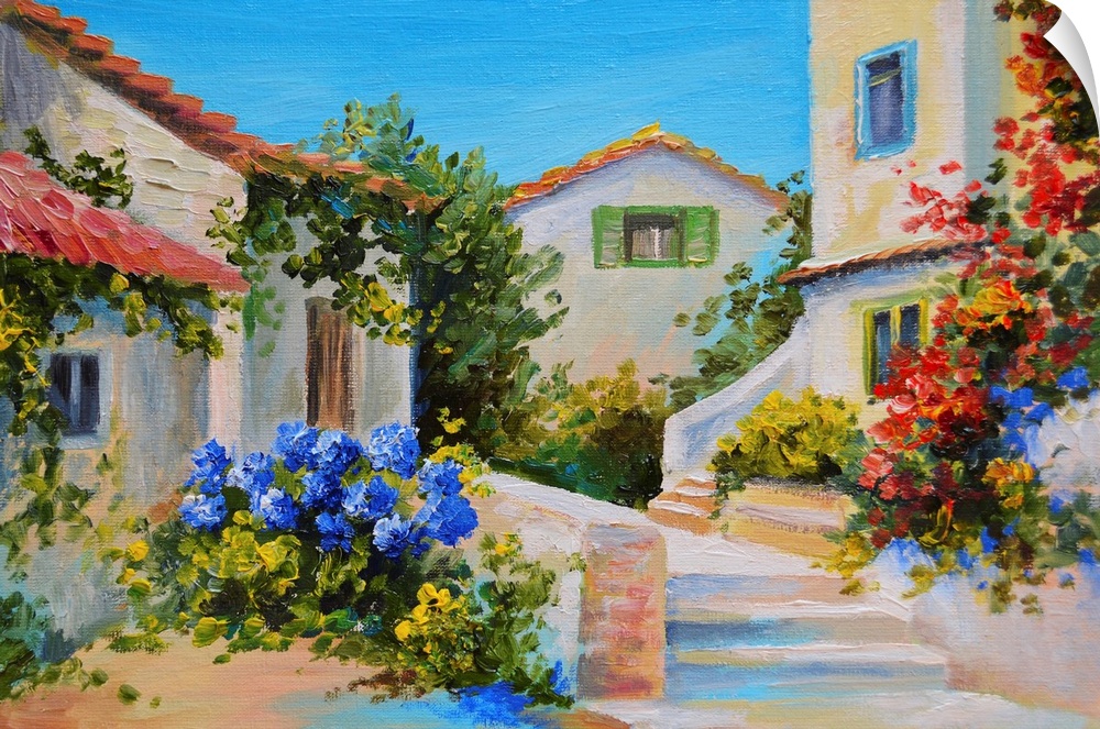 Originally an oil painting on canvas of beautiful houses near the sea.