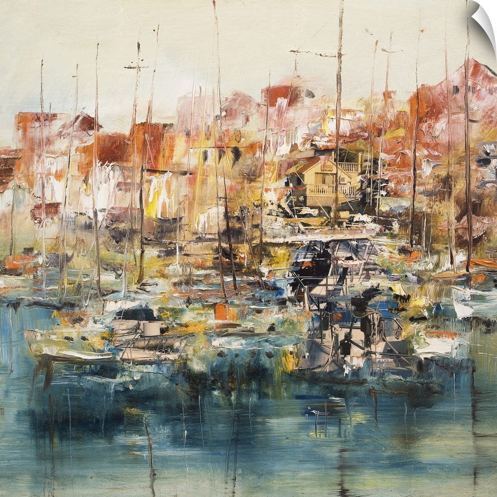 Boats in the harbor, originally an oil painting with mixed media background.