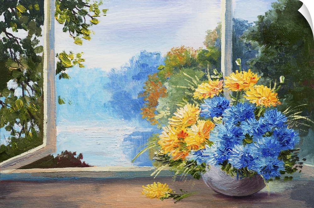 Bouquet of spring flowers on a table near the window, originally an oil painting.