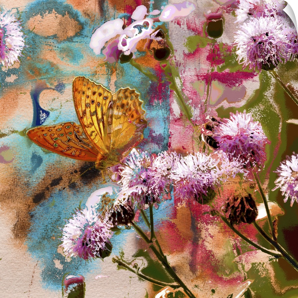 Butterfly on thistle flowers. Originally an abstract, mixed media painting on handmade paper.