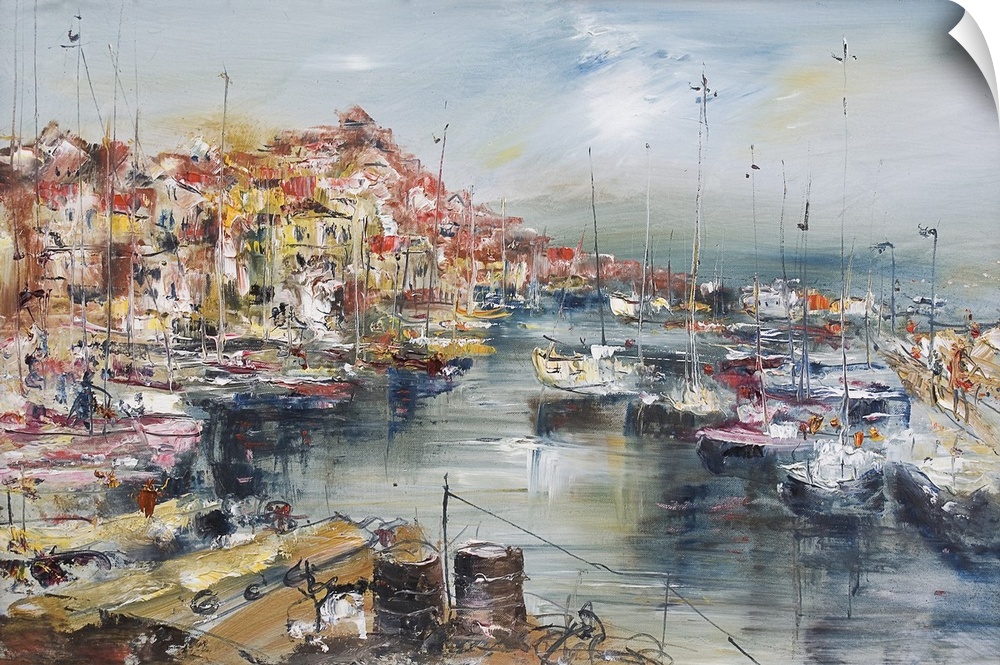 City by the sea and harbor, originally an oil painting of an artistic background.