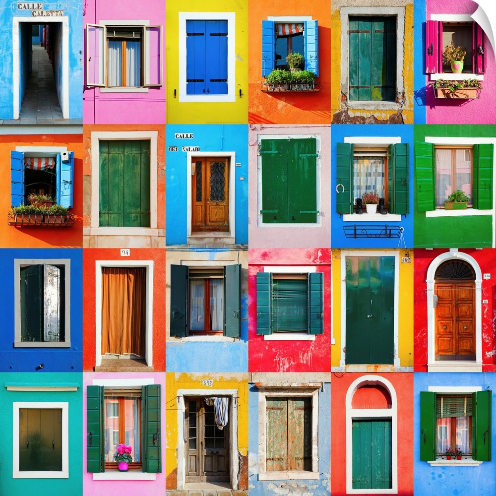 Collage of colorful windows and doors in Burano, near Venice, Italy.