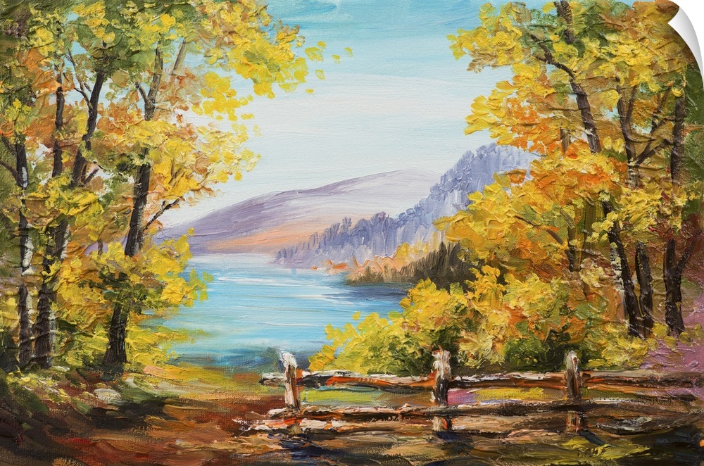 Originally an oil painting landscape of a colorful autumn forest, mountain lake, impressionism.