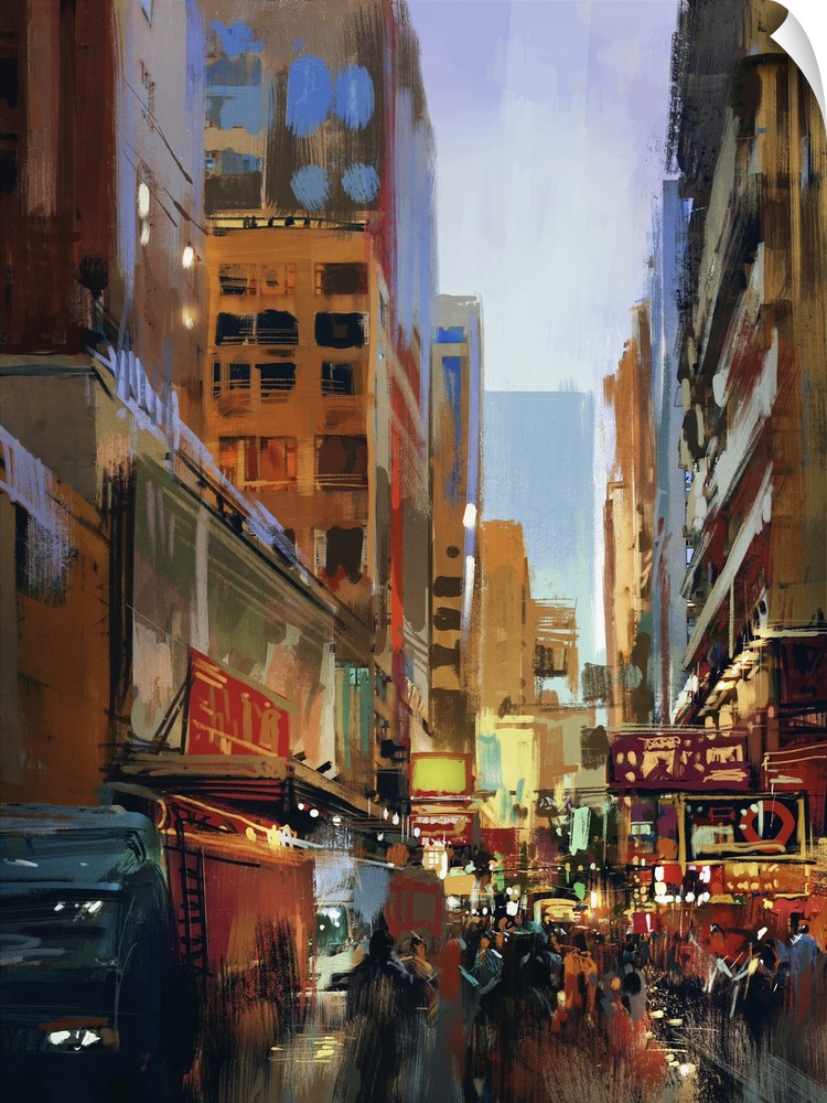 Colorful painting of city street. Originally an illustration digital painting.
