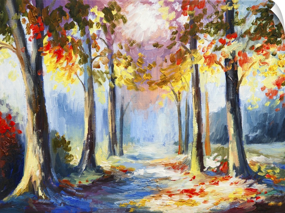 Originally an oil painting of a colorful spring landscape, road in the forest.