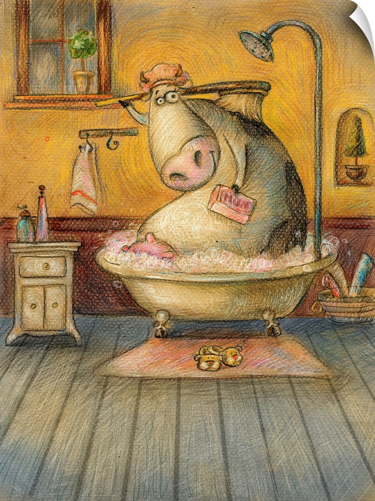 Cute cow in the bathroom washing herself. Vintage background. Children illustration. Cartoon childish background in vintag...