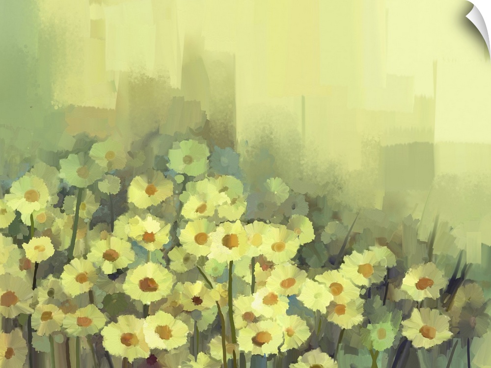 Originally an oil painting of daisy-chamomile flowers field background.