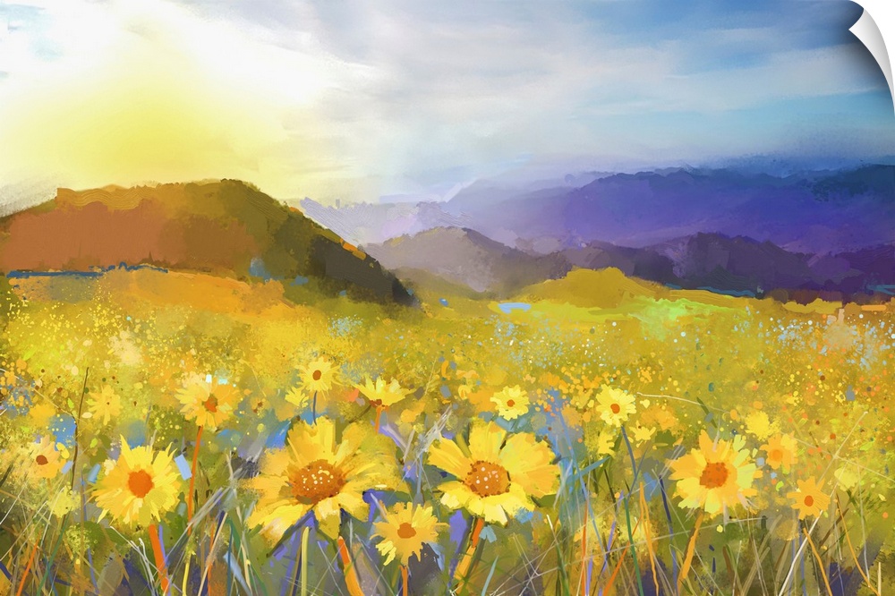 Daisy flower blossom. Originally an oil painting of a rural sunset landscape with a golden daisy field. Warm light of the ...