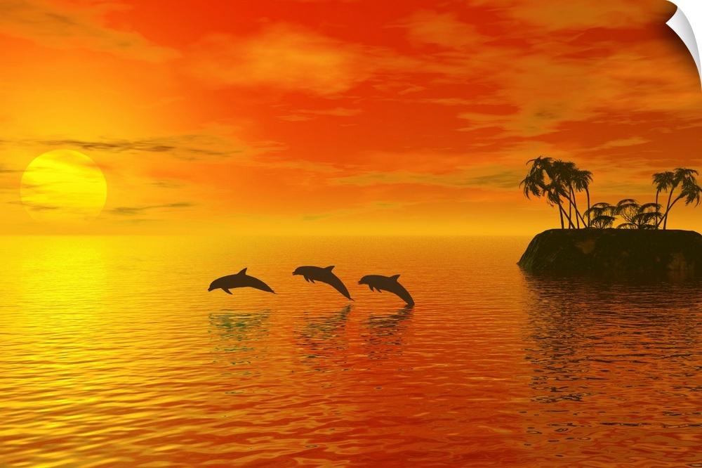 Illustration of tropic scene with dolphins and sunset.