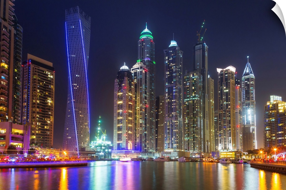 Dubai marina at night in United Arab Emirates.