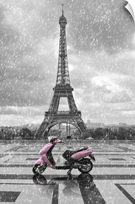 Eiffel Tower In The Rain With Pink Scooter Of Paris, Black And White