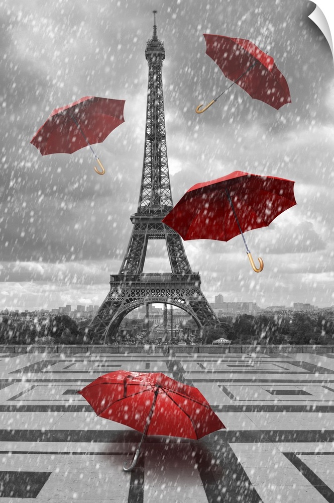 Eiffel tower with flying umbrellas. Black and white with red element.