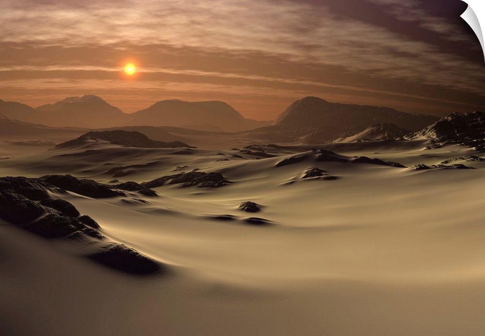 3D rendered fantasy landscape with a desert, dunes, mountains and the sun.