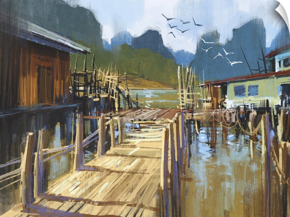 Landscape painting of fishing village in summer.