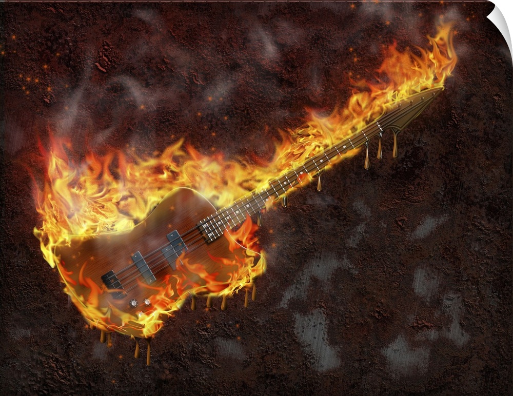 Flaming melting guitar and rusted metal surface.