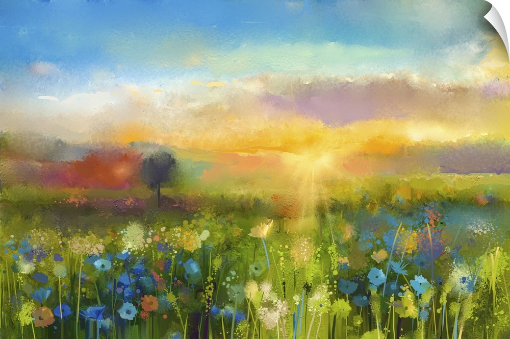Originally an oil painting of flowers. Dandelion, cornflower, daisy in fields. Sunset meadow landscape with wildflower, hi...