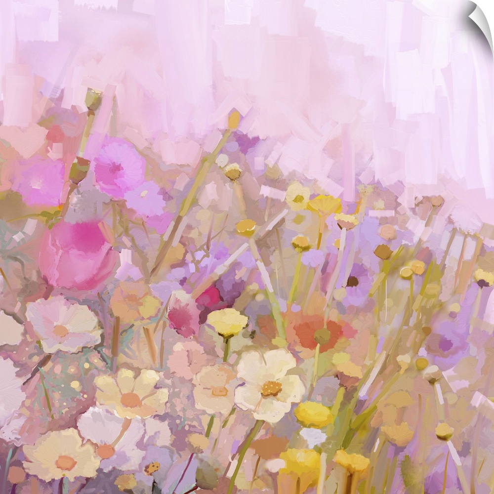 Flower, originally an oil painting. Flowers field in soft color and blur style.