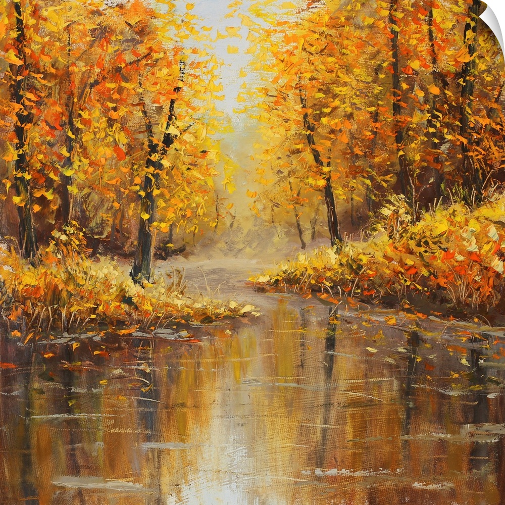 Originally yellow oil painting autumn island seascape, beautiful autumn on canvas. Golden autumn in foggy river. Palette k...