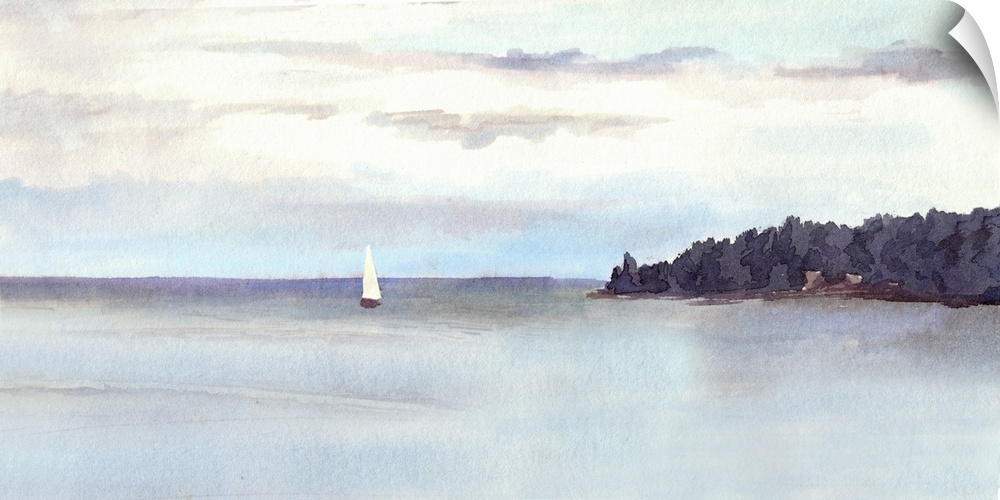 Water view landscape - lake or sea, island, sky with clouds and white sail. Originally a watercolor.