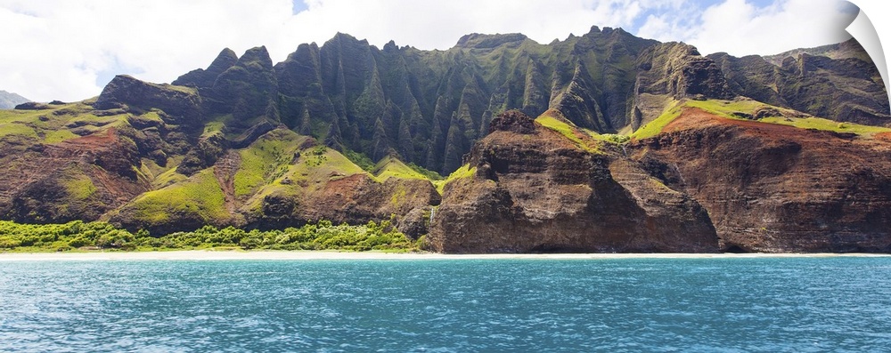 Panorama of dramatic cliffs at Na Pali coast at Kauai, Hawaii, view from water.