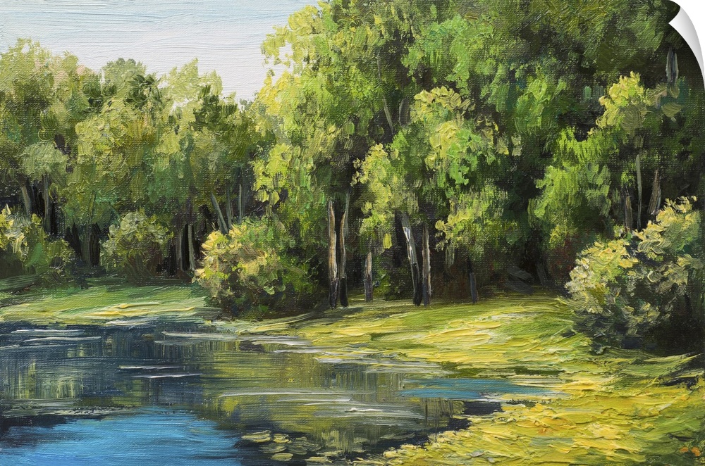 Originally an oil painting landscape of the lake in the forest, summer day.