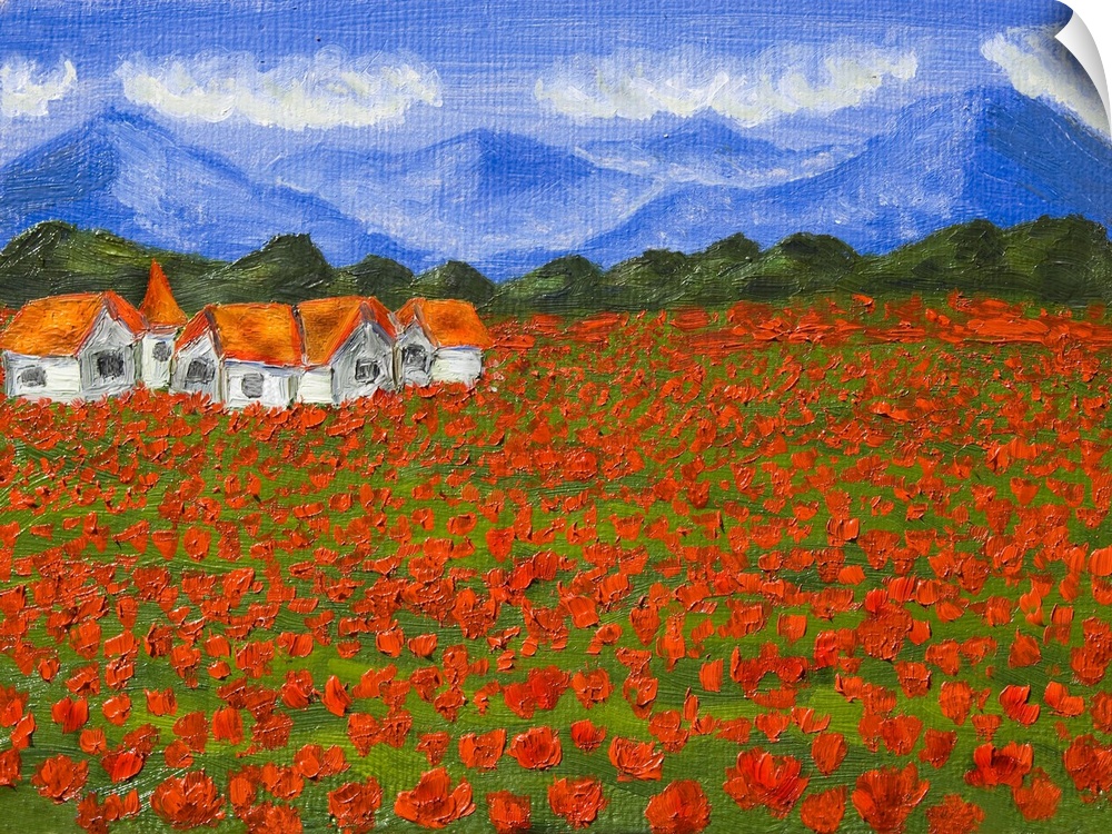Originally hand painted illustration, oil painting of a summer landscape - meadow with red poppies with hills and houses.