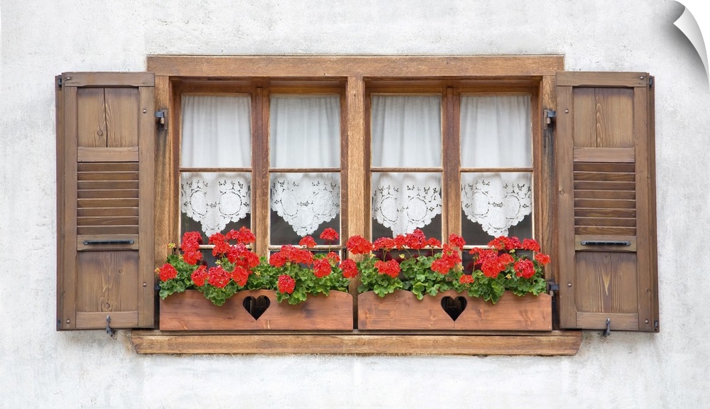 Old European wooden windows with shutters and flowers.
